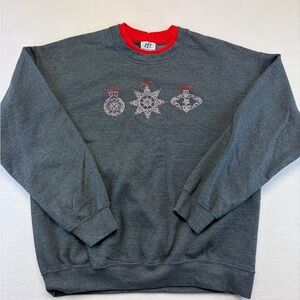VTG Women’s Sweatshirt Christmas Ornaments Snowflake Gray Red Large Rhinestone